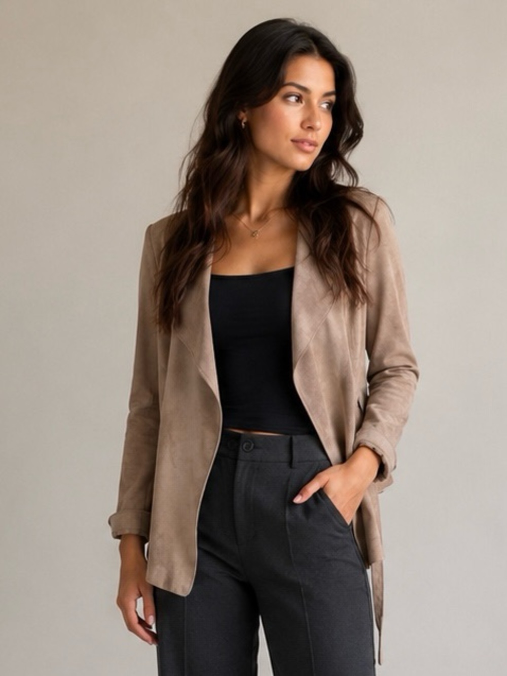 Zara Basic Faux Suede Open Front Jacket Tan Neutral